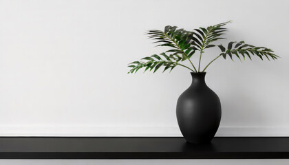 A black vase with a plant displayed on a shelf against a white wall on a black tabletop background