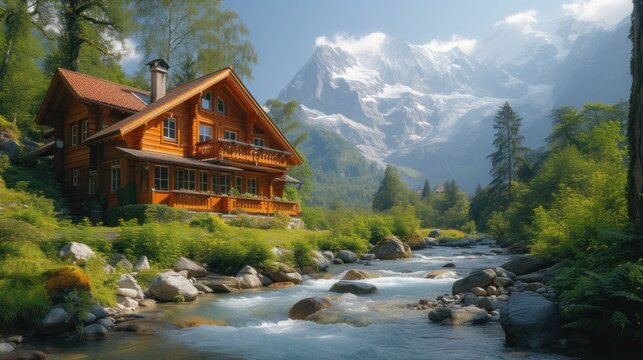  a house sitting on top of a lush green hillside next to a river in front of a lush green forest filled with trees and a mountain range in the background.