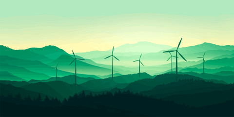 Green energy concept. Silhouette of landscape view of wind power turbine among mountain hill with sky in the early morning and copy space for text in the sky