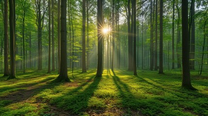 the sun shines through the trees in a forest filled with lush green grass and trees with long shadows on the ground and in the foreground, the sun shining through the trees. - obrazy, fototapety, plakaty