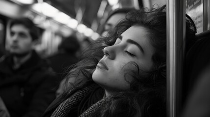 Young woman sleeping on subway train leaning against window. Black and white photography. Urban travel and exhaustion concept. Design for poster, banner. Candid portrait with selective focus. - obrazy, fototapety, plakaty