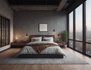 Bedroom interior in a loft apartment. minimalist decor in an industrial and Scandinavian design. Grey pillows on a double bed. 