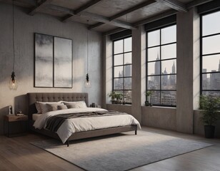 Bedroom interior in a loft apartment. minimalist decor in an industrial and Scandinavian design. Grey pillows on a double bed. 