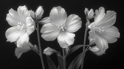  a black and white photo of a bunch of flowers in black and white, with a black back ground and a black back ground with a few white flowers in the middle.