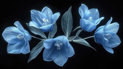 a group of blue flowers sitting on top of a black table next to a green leafy plant in the center of the picture, on a black background is a black background.