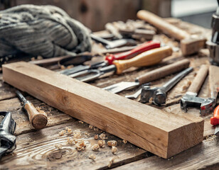 Woodworking tools in a joinery with wood and equipment in the background - obrazy, fototapety, plakaty