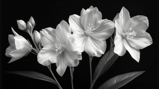  a black and white photo of a bunch of flowers in a vase with leaves on the side of the vase and a single flower in the middle of the picture.