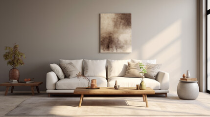 A modern living room with a white sofa, grey walls, and minimalistic wall art