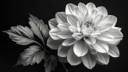  a black and white photo of a flower with a leaf in the foreground and a black and white photo of a flower with a green stem in the background.