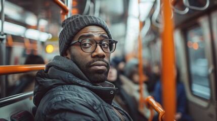 Man in winter clothing riding the subway. Candid urban lifestyle portrait with shallow depth of field. Public transportation and city life concept for design and print