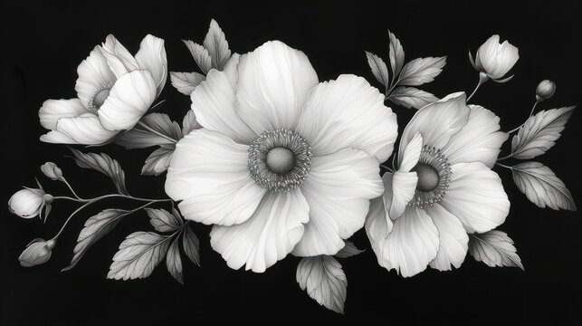  a black and white photo of three flowers on a black background, with leaves and buds in the middle of the picture, and a single flower in the middle of the middle of the picture.