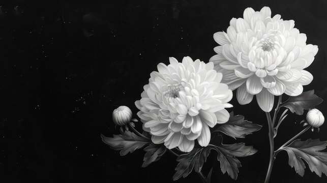  a black and white photo of three flowers on a black background, with one large flower in the center of the picture and one smaller flower in the middle of the picture.