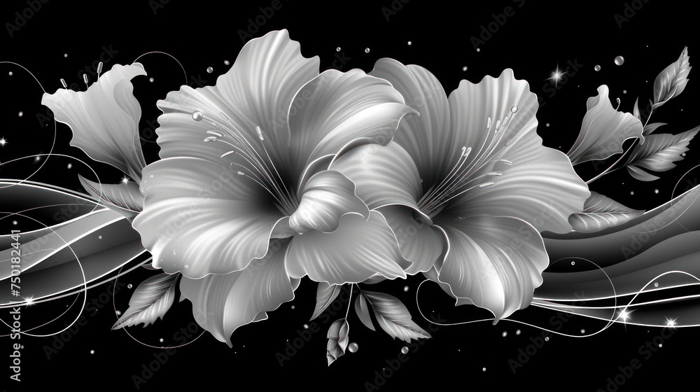 Poster a black and white picture of a flower with swirls and stars on the bottom of the image and a black b