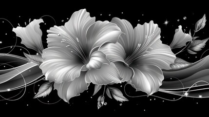  a black and white picture of a flower with swirls and stars on the bottom of the image and a black background with white swirls and stars on the bottom of the image.