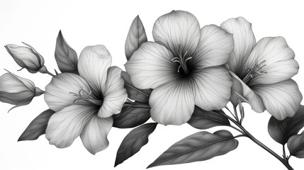  a black and white drawing of a flower on a branch with leaves on a white background with a place for the text on the bottom right side of the image.