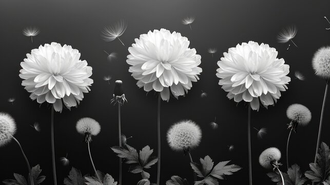 Fototapeta  a black and white photo of a bunch of dandelions on a black background with a butterfly in the middle of the dandelions and the dandelions in the foreground.