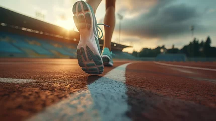 Schilderijen op glas Runner athlete running on racetrack. Woman fitness jogging workout wellness concept. © Petrova-Apostolova