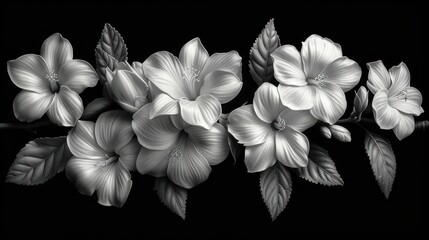  a black and white photo of a bunch of flowers with leaves on the bottom of the picture and the bottom of the picture on the bottom of the picture with a black background.