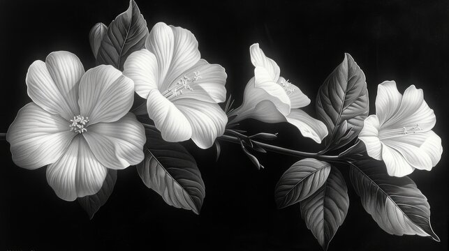  a black and white photo of three flowers on a stem with leaves on a stem and a single flower on a stem with leaves on a stem, on a black background.