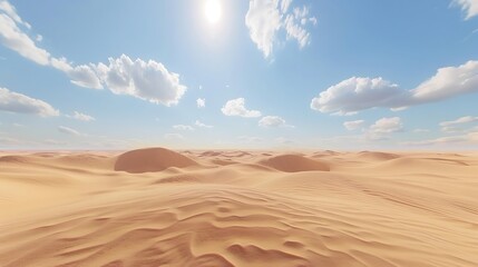 A panoramic view of a desert with sand dunes under a clear blue sky, emphasizing the beauty of arid landscapes - obrazy, fototapety, plakaty