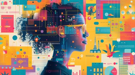 Complex digital collage portrait of a woman with urban and technological elements. Futuristic and innovation concept. Design for digital art, tech, and smart city materials