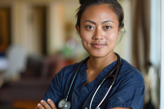Fototapeta A woman dressed in scrubs, ready for medical examination or auscultation. She appears focused and professional.