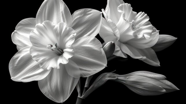  a black and white photo of two flowers with one flower in the middle of the picture and the other flower in the middle of the picture, on a black background.