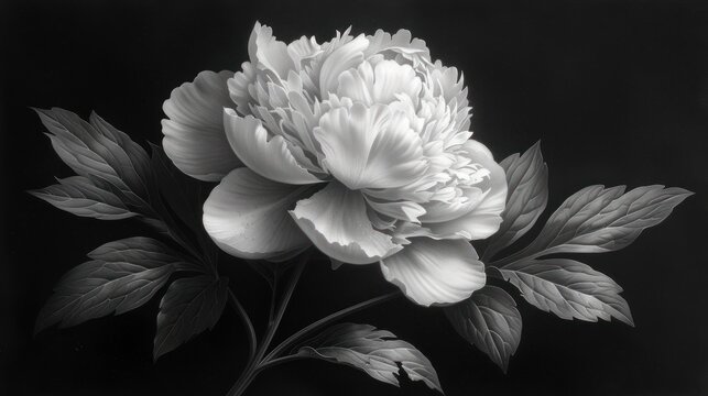  a black and white photo of a flower with leaves on the stem and a single flower in the middle of the picture, on a dark background of a black background.