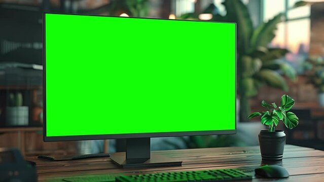 A modern workspace featuring a computer with a green screen monitor, set on a wooden desk surrounded by plants, with a cozy, industrial loft atmosphere in the background. Zooming out effect