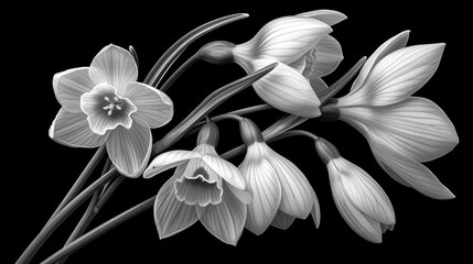  a black and white photo of a flower on a black background with a long stem of flowers in the center of the picture, and a single flower in the middle of the picture.