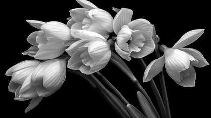  a black and white photo of a bunch of flowers with long stems in the center of the picture, on a black background, with only one flower in the center of the picture. - obrazy, fototapety, plakaty