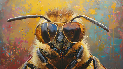 bee with sunglasses - obrazy, fototapety, plakaty