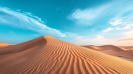 Fototapeta na wymiar A panoramic view of a desert with sand dunes under a clear blue sky, emphasizing the beauty of arid landscapes