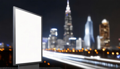 Advertising banner in blurred city background, white mockup. Billboard in the city center mock up. Blurred background