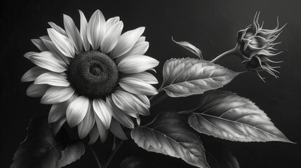  a black and white photo of a sunflower on a black and white background with a single flower in the middle of the picture and a single sunflower in the middle of the picture.