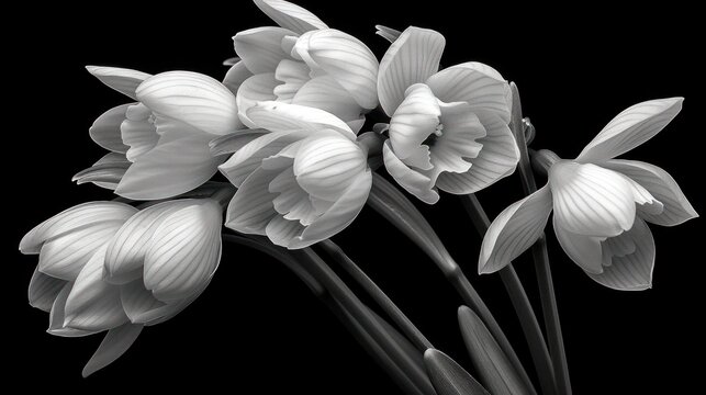  a black and white photo of a bunch of flowers with long stems in the center of the picture, on a black background, with only one flower in the center of the picture.