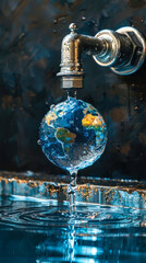 Illustrative design of World Water Day with a tap dripping onto a globe against a water background, highlighting the importance of water conservation and sustainable use