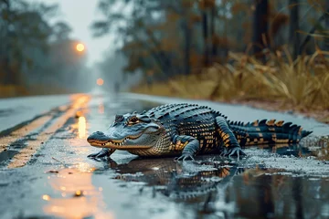 Poster Im Rahmen huge crocodile crossing the road © Jorge Ferreiro
