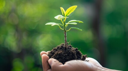 A small sapling in a handful of soil, symbolizing nurturing and growth, representing the commitment to corporate social responsibility and environmental care - obrazy, fototapety, plakaty