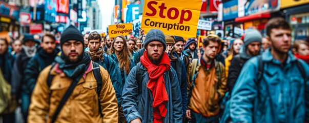 Crowd of protesters with a bold Stop Corruption sign, rallying on urban streets for political integrity, governance reform, and anti corruption movements - obrazy, fototapety, plakaty