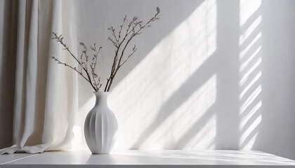 Aesthetic home interior decoration, white vase with branches on table, empty white wall, white linen curtain with sunlight shadows, lifestyle neutral elegant still life