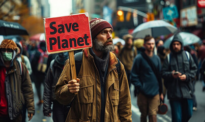 Activist holds up a Save the Planet sign during an environmental protest, expressing urgency and advocacy for earth conservation, in a focused call to action for climate change - obrazy, fototapety, plakaty
