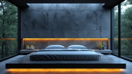  a bed in a room with a lit up headboard and foot board and lights on the side of the bed and a large window with trees in the background.