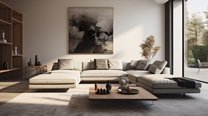 A modern living room with customizable furniture, including a patterned sofa and a black and grey rug