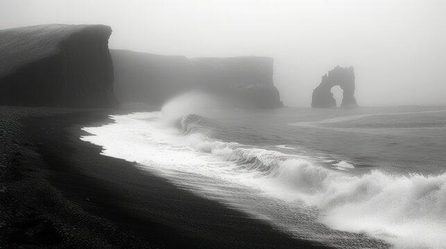  a black and white photo of a beach with waves crashing in front of a rock formation on a foggy day with a large rock formation in the foreground.