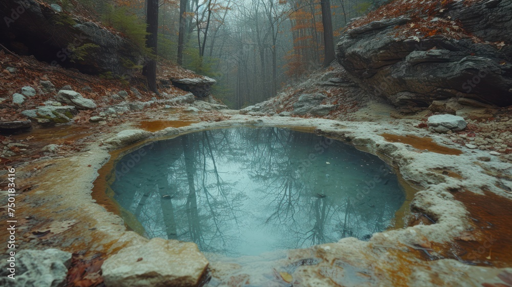 Poster a pool of water in the middle of a rocky area with trees and rocks on both sides of the pool, in the