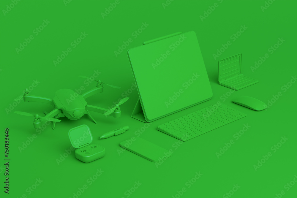 Poster desktop computer with keyboard, tablet, drone and dslr camera on monochrome