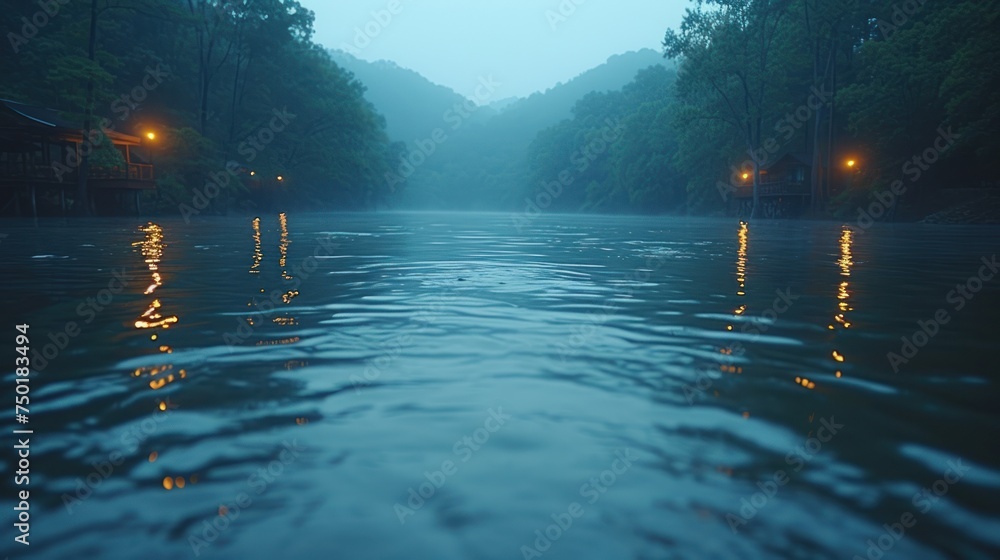 Poster a body of water surrounded by trees with lights on at the end of it and a foggy sky over the top of 