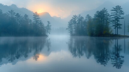  a body of water surrounded by trees in the middle of a foggy day with the sun setting behind a mountain range in the distance, with a few clouds in the foreground.