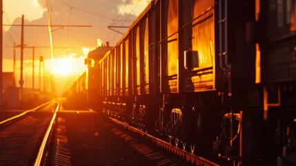 A warm golden sunset casting glow over a cargo freight train on tracks, symbolizing travel and industry.